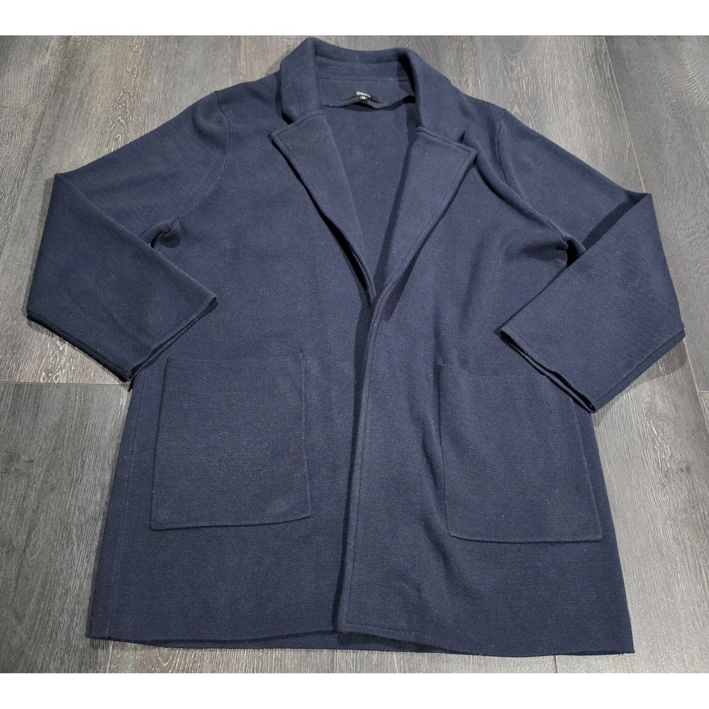 Quince Organic Cotton Knit Blazer Women M Navy Blue Preppy Boho City Travel